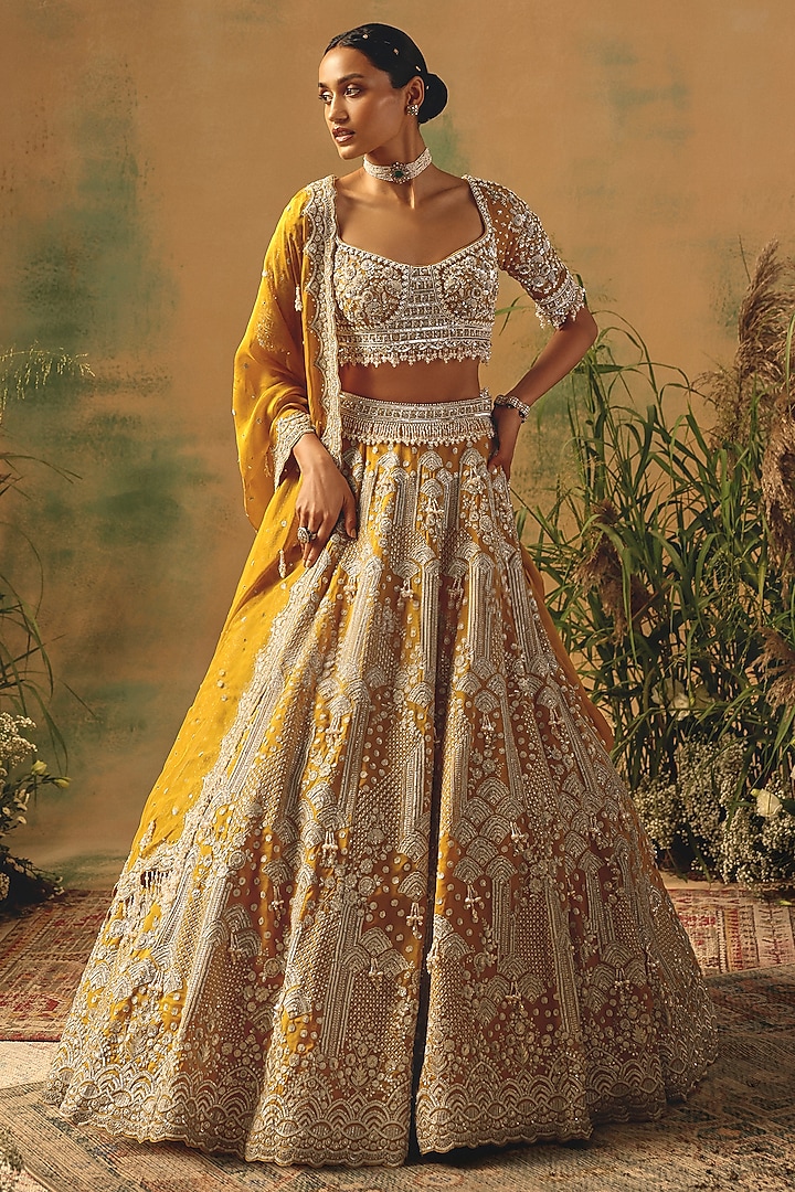 Mustard Organza Sequin & Crystal Embroidered Wedding Lehenga Set by Basanti - Kapde aur Koffee at Pernia's Pop Up Shop