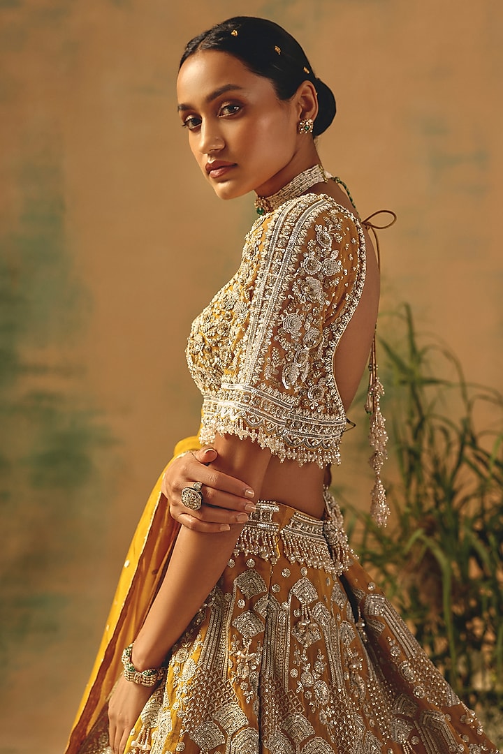 Mustard Organza Sequin & Crystal Embroidered Wedding Lehenga Set by Basanti - Kapde aur Koffee at Pernia's Pop Up Shop