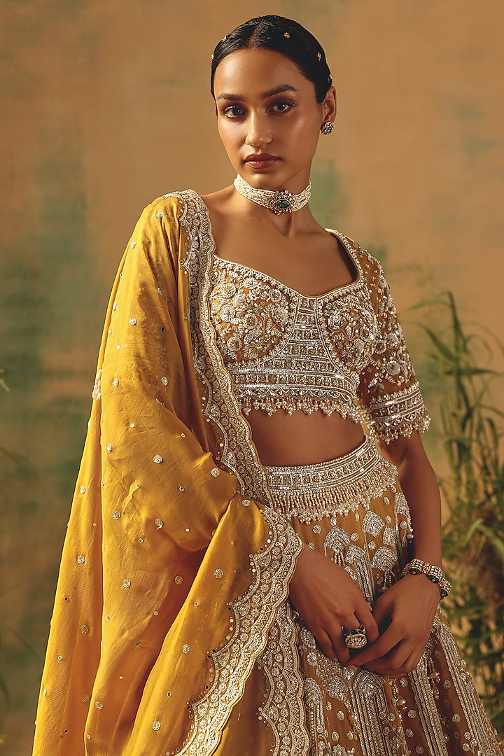Mustard Organza Sequin & Crystal Embroidered Wedding Lehenga Set by Basanti - Kapde aur Koffee at Pernia's Pop Up Shop