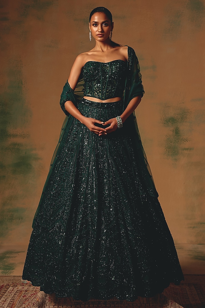Green Net Sequin & Bead Embroidered Wedding Lehenga Set by Basanti - Kapde aur Koffee at Pernia's Pop Up Shop