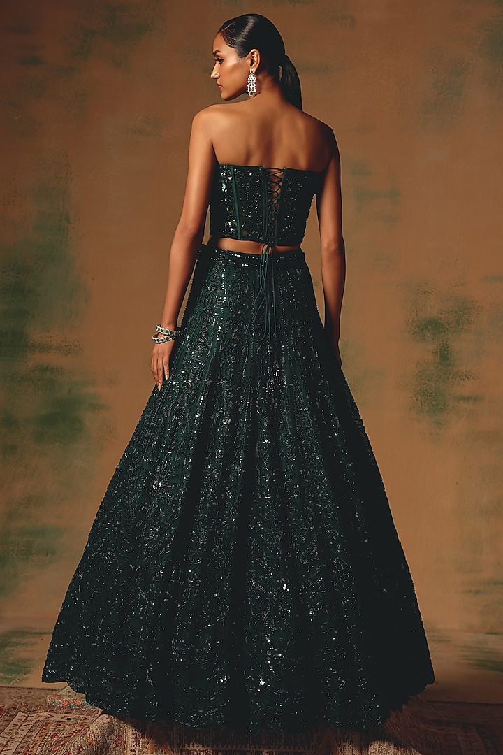 Green Net Sequin & Bead Embroidered Wedding Lehenga Set by Basanti - Kapde aur Koffee at Pernia's Pop Up Shop