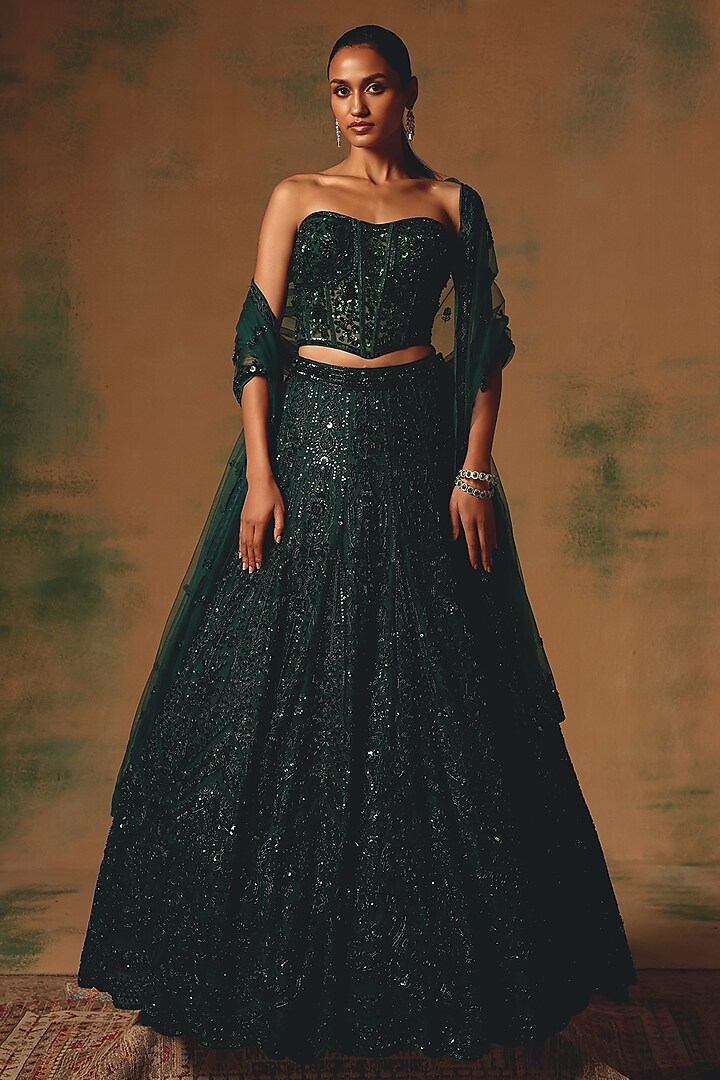 Green Net Sequin & Bead Embroidered Wedding Lehenga Set by Basanti - Kapde aur Koffee at Pernia's Pop Up Shop