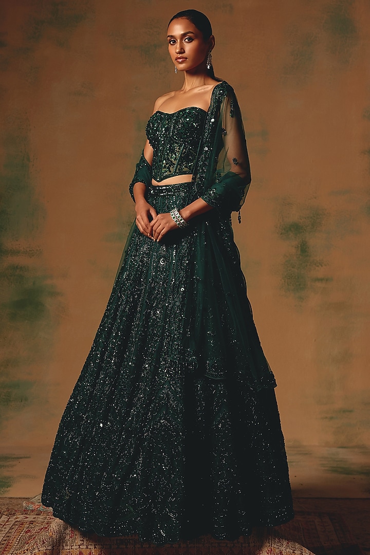 Green Net Sequin & Bead Embroidered Wedding Lehenga Set by Basanti - Kapde aur Koffee at Pernia's Pop Up Shop