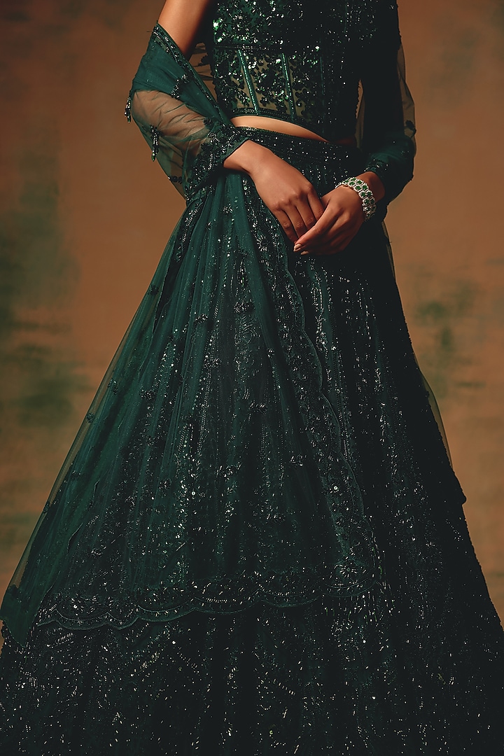 Green Net Sequin & Bead Embroidered Wedding Lehenga Set by Basanti - Kapde aur Koffee at Pernia's Pop Up Shop