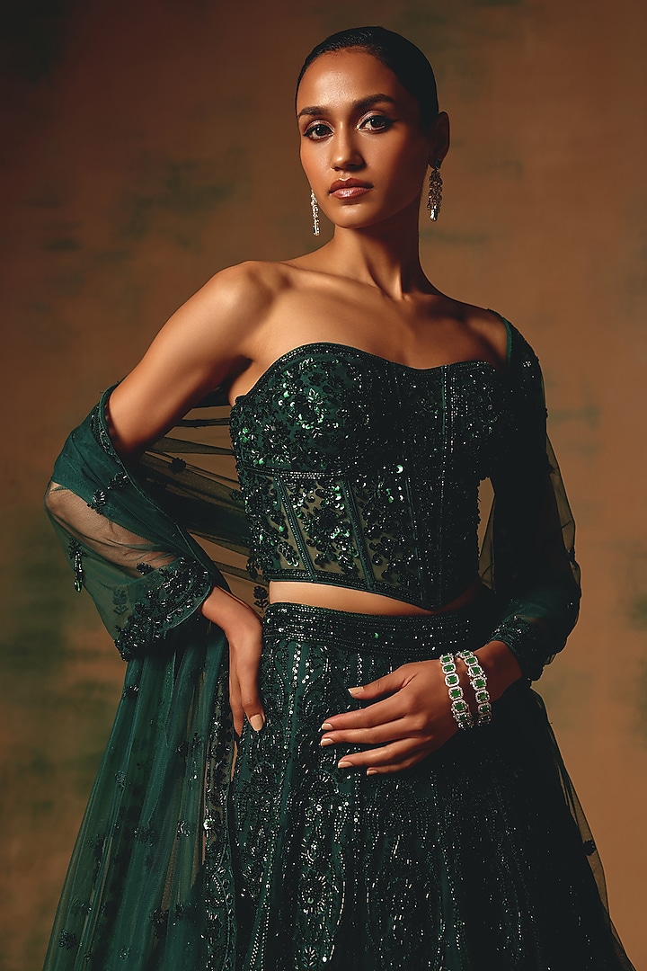 Green Net Sequin & Bead Embroidered Wedding Lehenga Set by Basanti - Kapde aur Koffee at Pernia's Pop Up Shop
