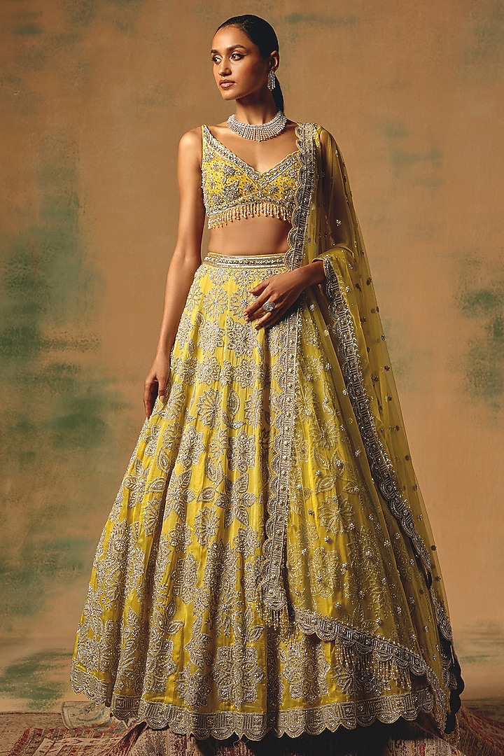 Yellow Net Sequin & Crystal Embroidered Wedding Lehenga Set by Basanti - Kapde aur Koffee at Pernia's Pop Up Shop