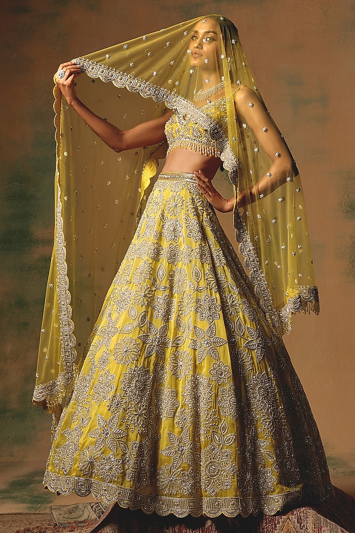 Yellow Net Sequin & Crystal Embroidered Wedding Lehenga Set by Basanti - Kapde aur Koffee at Pernia's Pop Up Shop