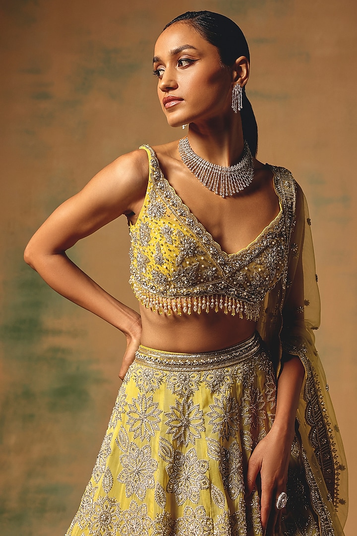 Yellow Net Sequin & Crystal Embroidered Wedding Lehenga Set by Basanti - Kapde aur Koffee at Pernia's Pop Up Shop