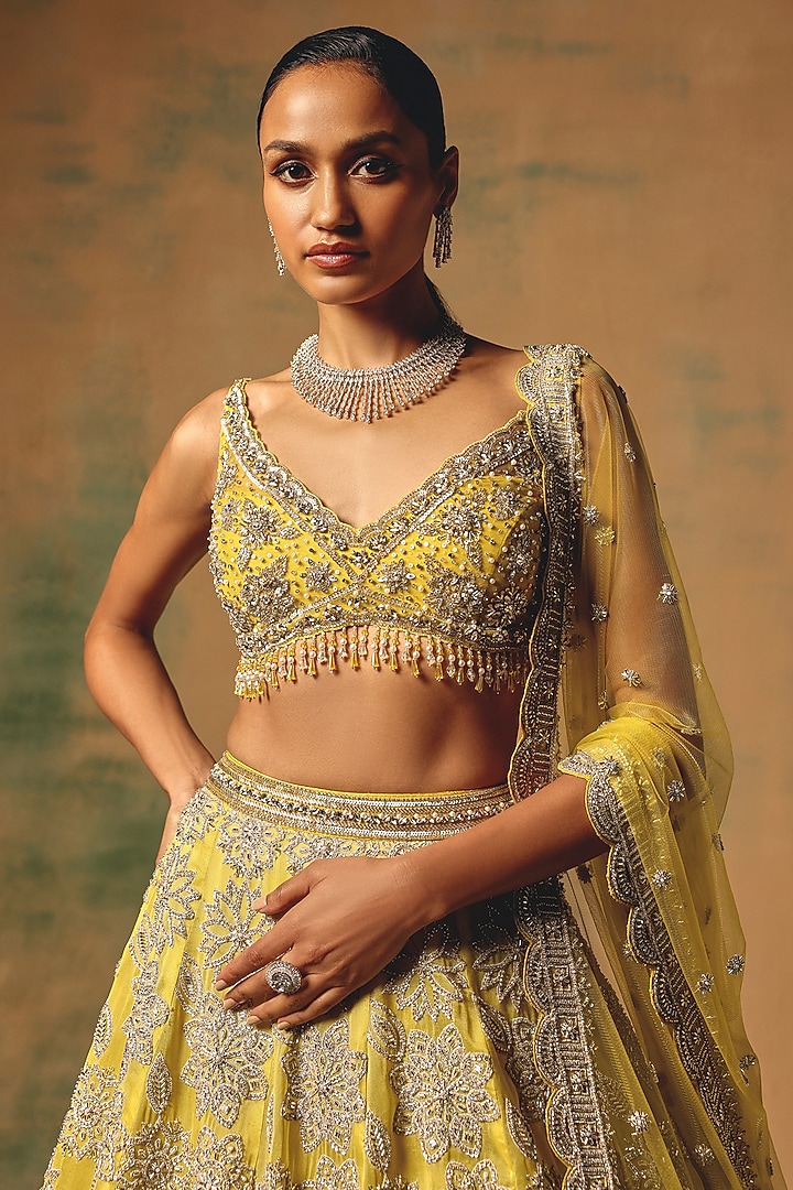 Yellow Net Sequin & Crystal Embroidered Wedding Lehenga Set by Basanti - Kapde aur Koffee at Pernia's Pop Up Shop