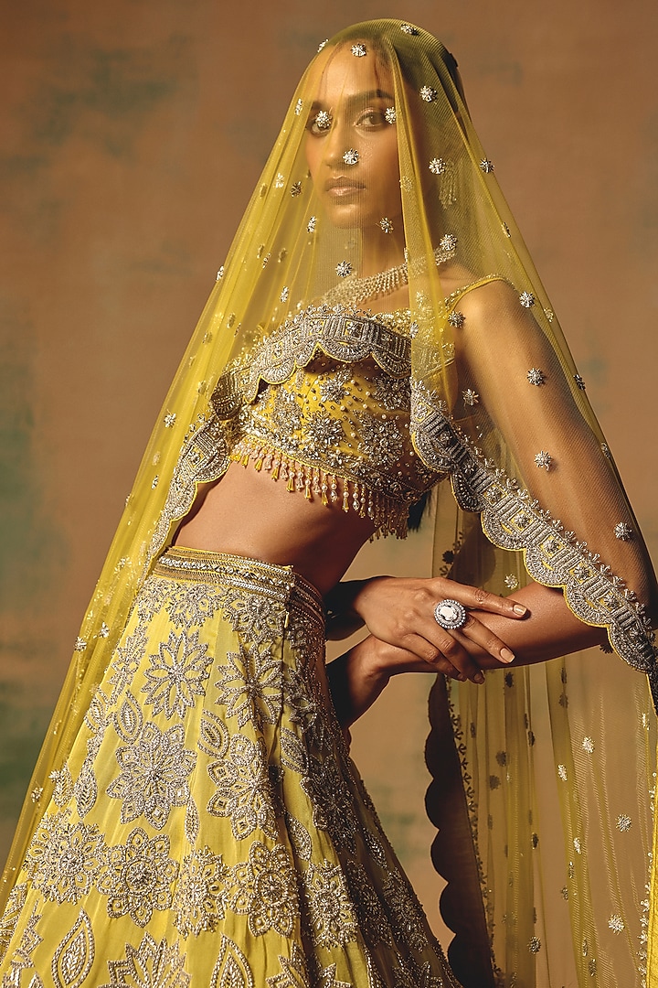 Yellow Net Sequin & Crystal Embroidered Wedding Lehenga Set by Basanti - Kapde aur Koffee at Pernia's Pop Up Shop
