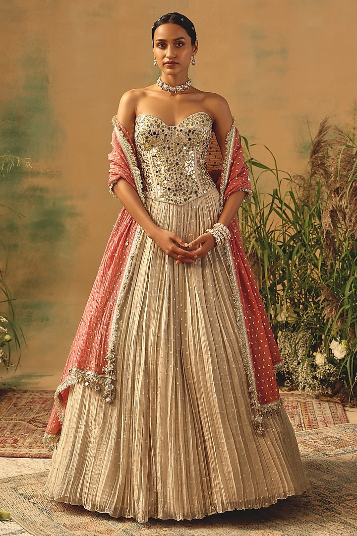 Ivory Tissue Mirror Embroidered Wedding Lehenga Set by Basanti - Kapde aur Koffee at Pernia's Pop Up Shop