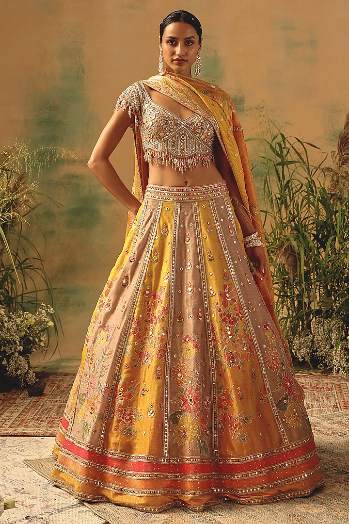 Yellow Tissue Sequin & Mirror Embroidered Wedding Lehenga Set by Basanti - Kapde aur Koffee at Pernia's Pop Up Shop