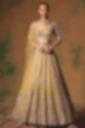 Yellow Viscose Organza Sequin & Crystal Embroidered Wedding Lehenga Set by Basanti - Kapde aur Koffee at Pernia's Pop Up Shop