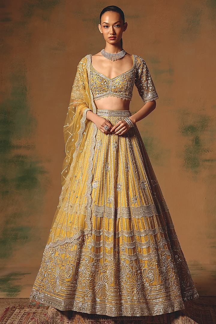 Yellow Viscose Organza Sequin & Crystal Embroidered Wedding Lehenga Set by Basanti - Kapde aur Koffee at Pernia's Pop Up Shop