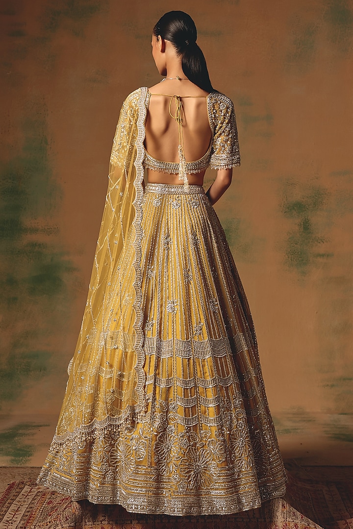 Yellow Viscose Organza Sequin & Crystal Embroidered Wedding Lehenga Set by Basanti - Kapde aur Koffee at Pernia's Pop Up Shop