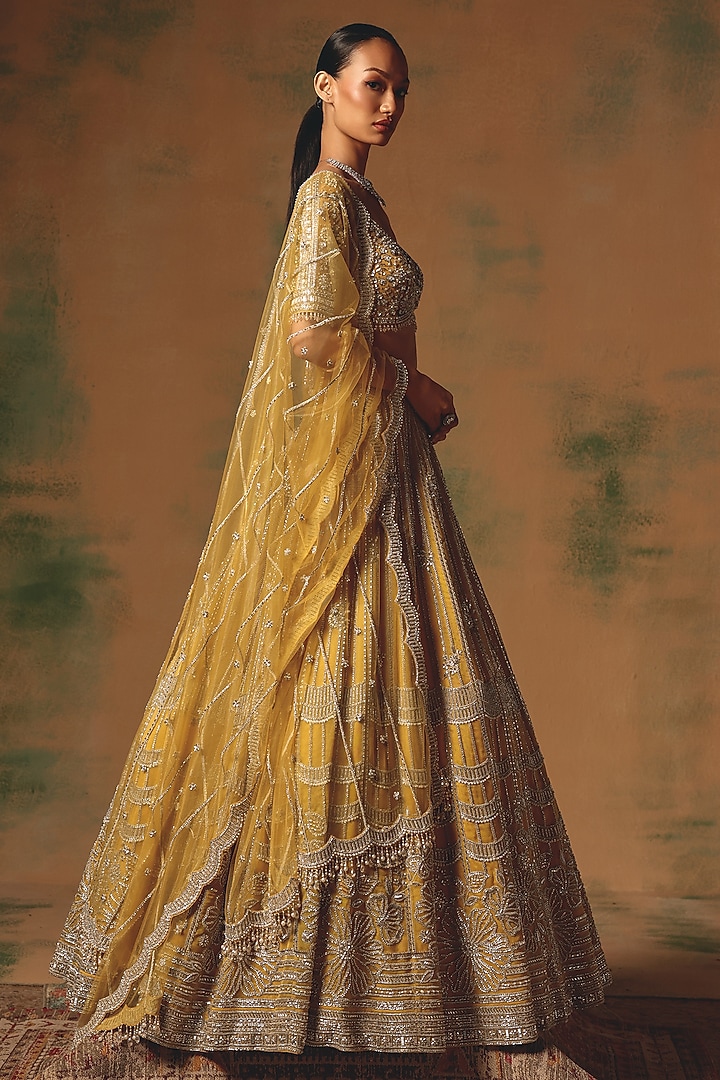 Yellow Viscose Organza Sequin & Crystal Embroidered Wedding Lehenga Set by Basanti - Kapde aur Koffee at Pernia's Pop Up Shop
