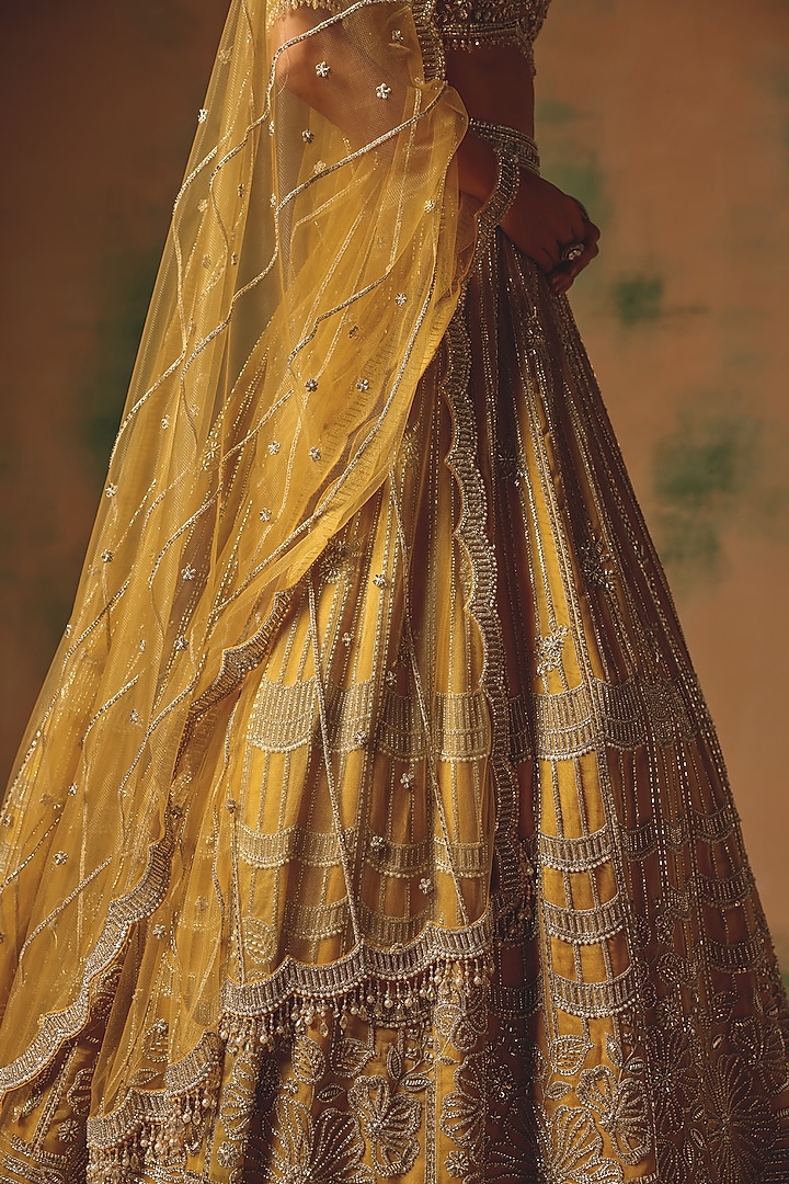 Yellow Viscose Organza Sequin & Crystal Embroidered Wedding Lehenga Set by Basanti - Kapde aur Koffee at Pernia's Pop Up Shop