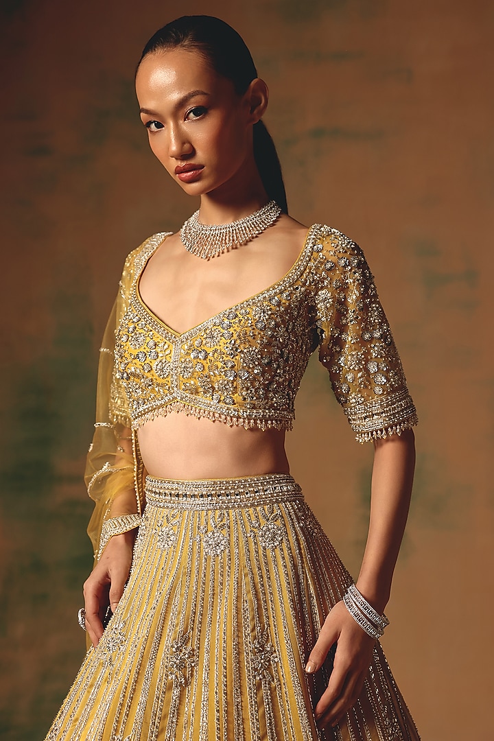 Yellow Viscose Organza Sequin & Crystal Embroidered Wedding Lehenga Set by Basanti - Kapde aur Koffee at Pernia's Pop Up Shop