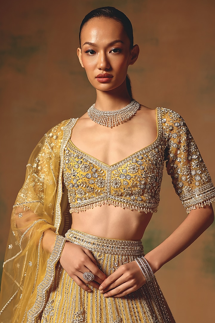 Yellow Viscose Organza Sequin & Crystal Embroidered Wedding Lehenga Set by Basanti - Kapde aur Koffee at Pernia's Pop Up Shop