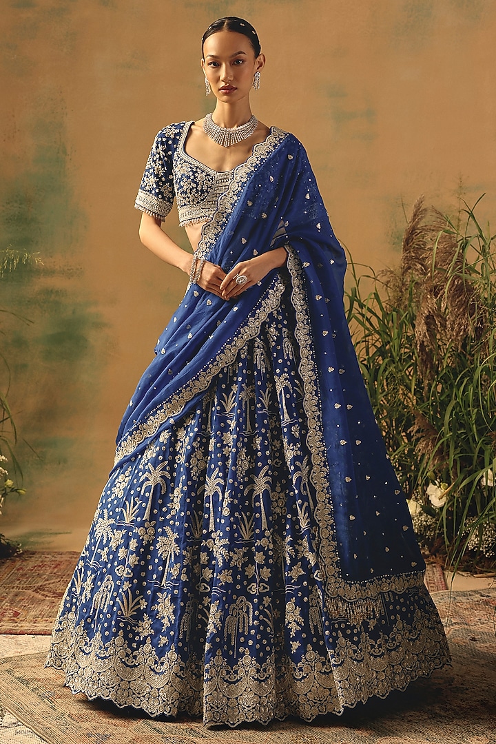 Blue Viscose Organza Sequin & Pearl Embroidered Wedding Lehenga Set by Basanti - Kapde aur Koffee at Pernia's Pop Up Shop