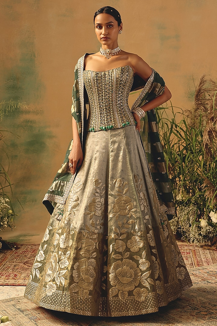 Green Banarasi Sequin & Bead Embroidered Wedding Lehenga Set by Basanti - Kapde aur Koffee at Pernia's Pop Up Shop