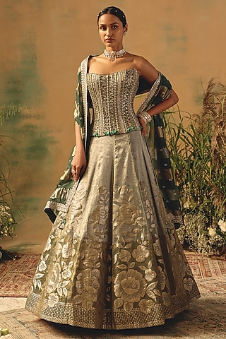 Green Banarasi Sequin & Bead Embroidered Lehenga Set by Basanti - Kapde aur Koffee