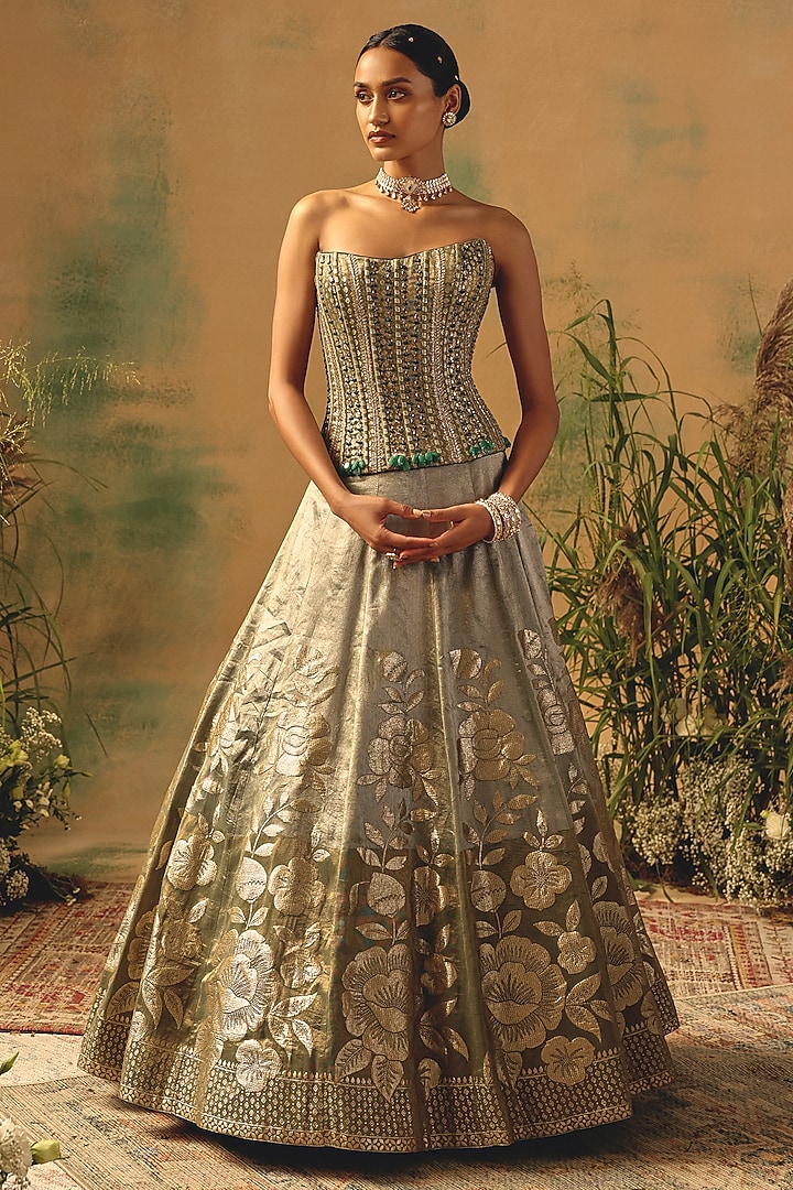 Green Banarasi Sequin & Bead Embroidered Wedding Lehenga Set by Basanti - Kapde aur Koffee at Pernia's Pop Up Shop