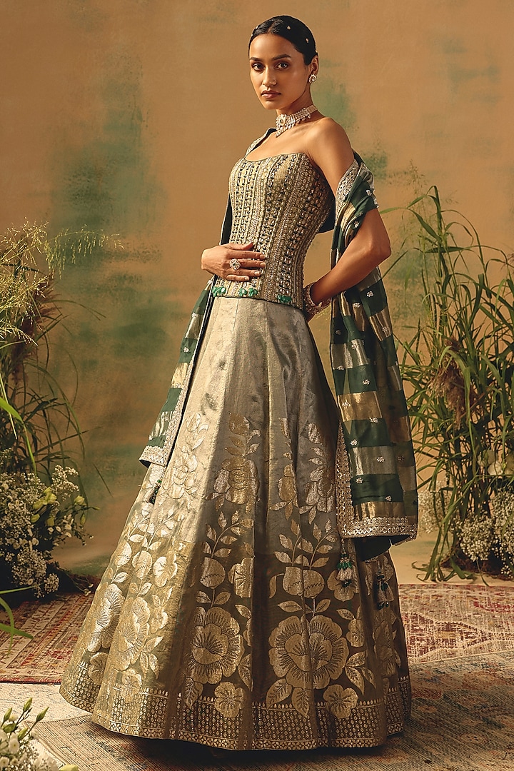 Green Banarasi Sequin & Bead Embroidered Wedding Lehenga Set by Basanti - Kapde aur Koffee at Pernia's Pop Up Shop