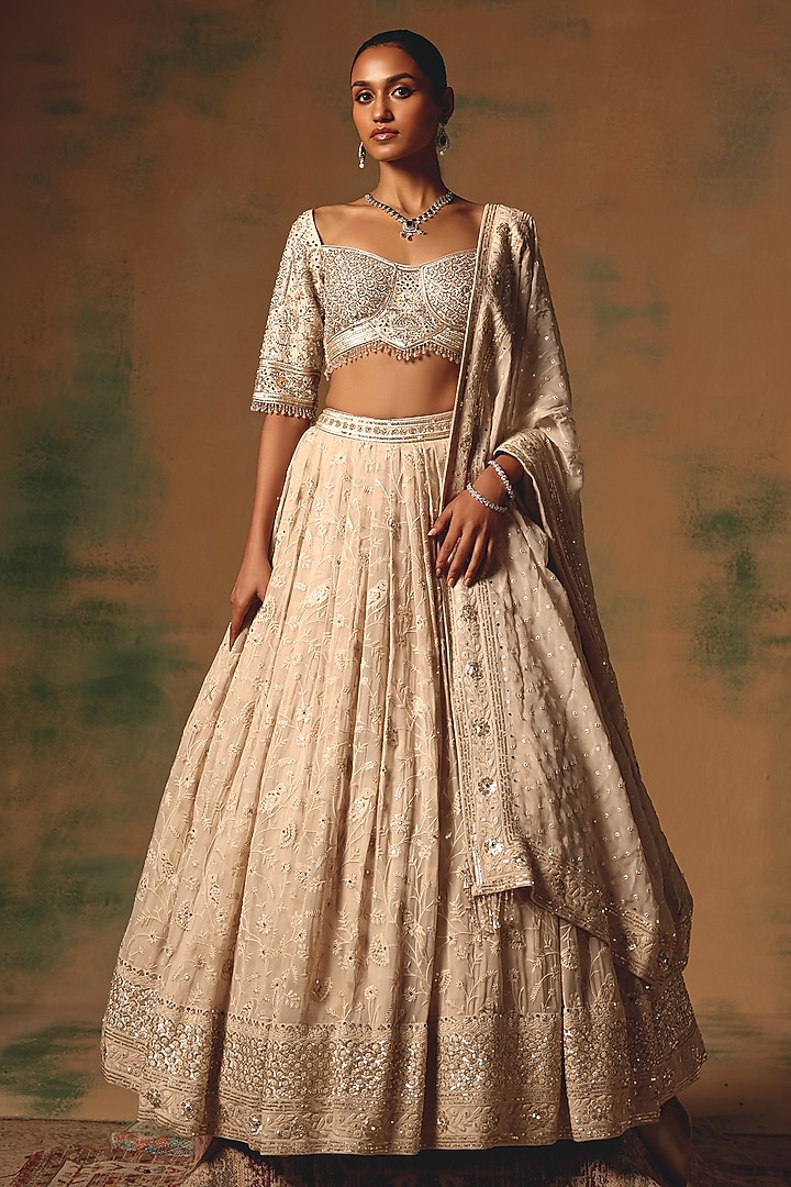Ivory Chikankari Viscose Georgette Sequin Embroidered Wedding Lehenga Set by Basanti - Kapde aur Koffee at Pernia's Pop Up Shop
