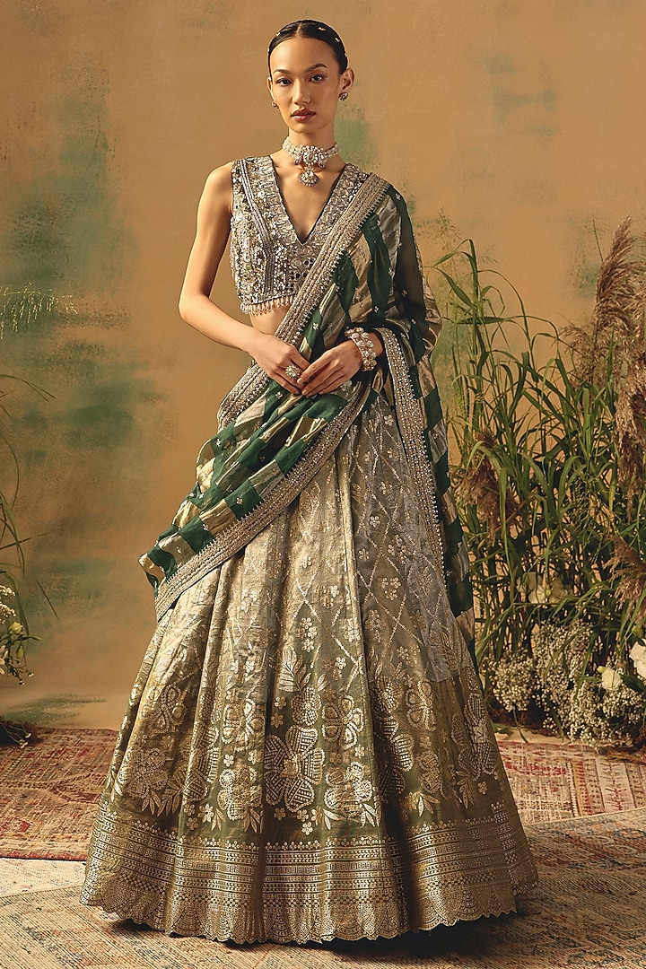 Green Banarasi Sequin & Bead Embroidered Wedding Lehenga Set by Basanti - Kapde aur Koffee at Pernia's Pop Up Shop