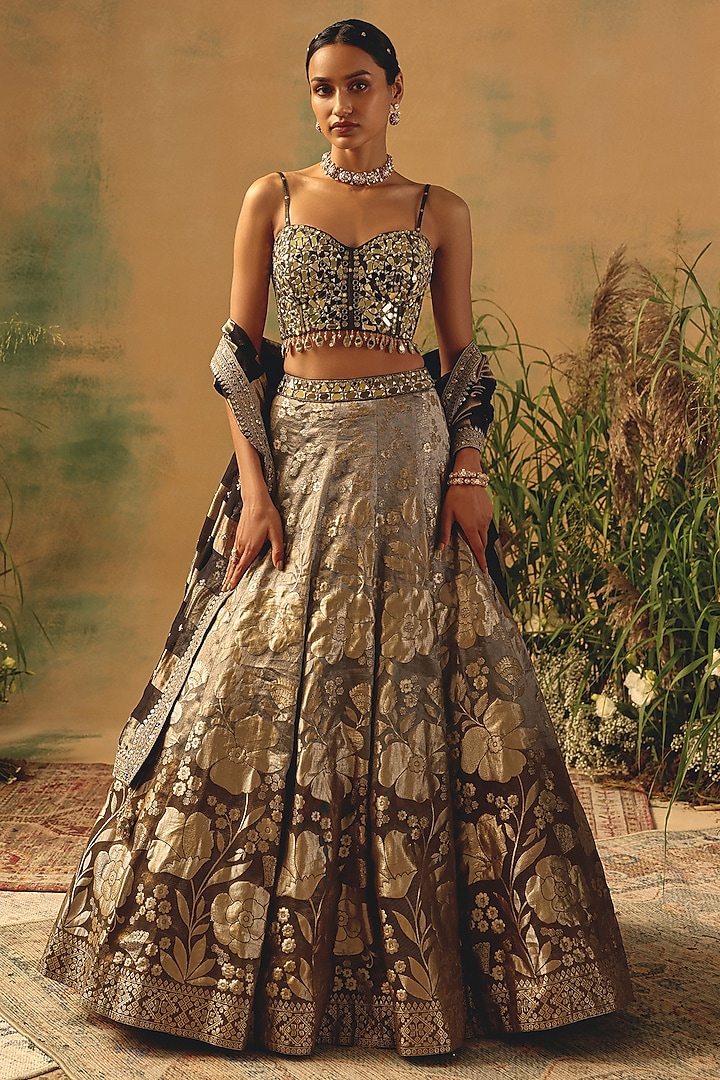 Brown Banarasi Sequin & Bead Embroidered Wedding Lehenga Set by Basanti - Kapde aur Koffee at Pernia's Pop Up Shop