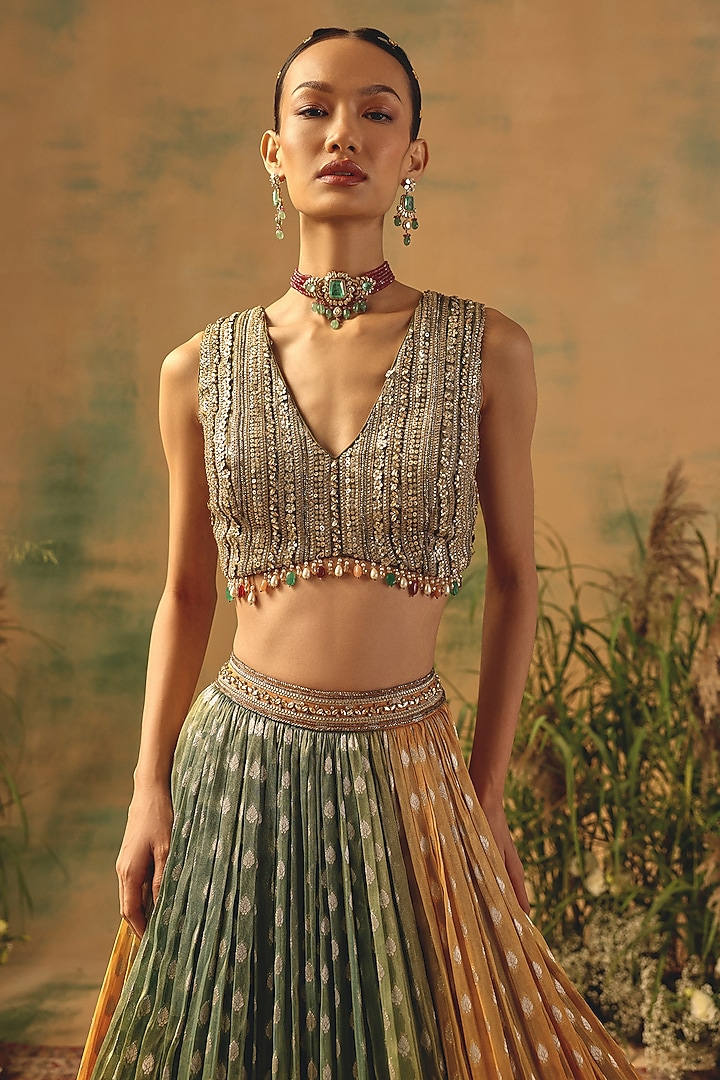 Multi-Colored Georgette Sequin & Floral Embroidered Wedding Lehenga Set by Basanti - Kapde aur Koffee at Pernia's Pop Up Shop