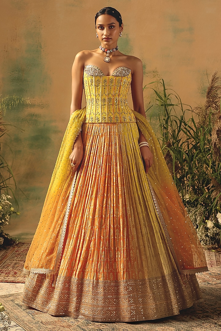 Yellow Georgette Sequin & Floral Embroidered Wedding Lehenga Set by Basanti - Kapde aur Koffee at Pernia's Pop Up Shop