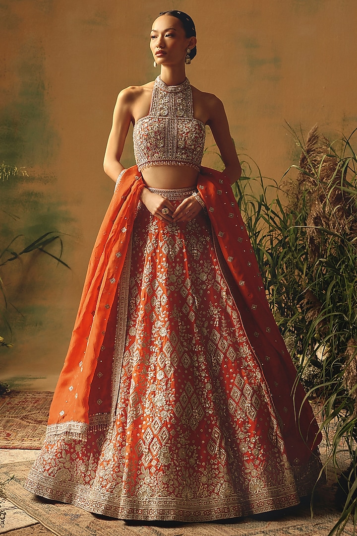 Orange Organza Sequin & Cutdana Embroidered Wedding Lehenga Set by Basanti - Kapde aur Koffee at Pernia's Pop Up Shop