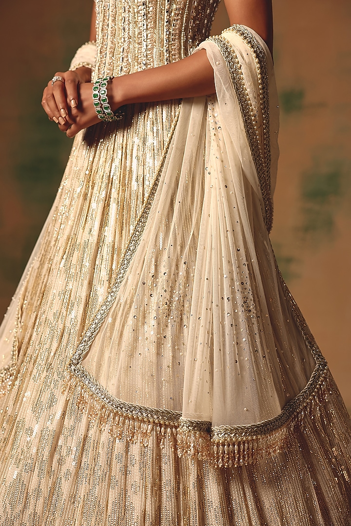 Ivory Georgette Sequin & Pearl Embroidered Wedding Lehenga Set by Basanti - Kapde aur Koffee at Pernia's Pop Up Shop