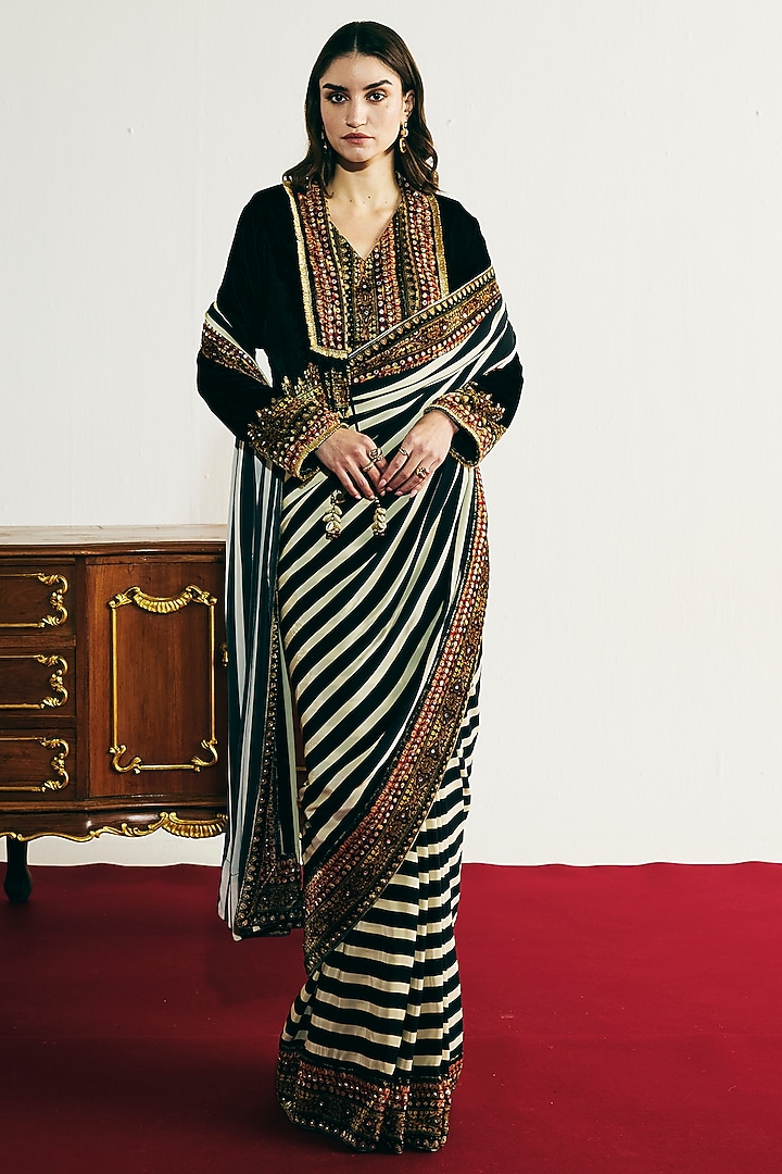 Black Velvet Sequins Embroidered Jacket Wedding Saree Set by Basanti - Kapde aur Koffee at Pernia's Pop Up Shop