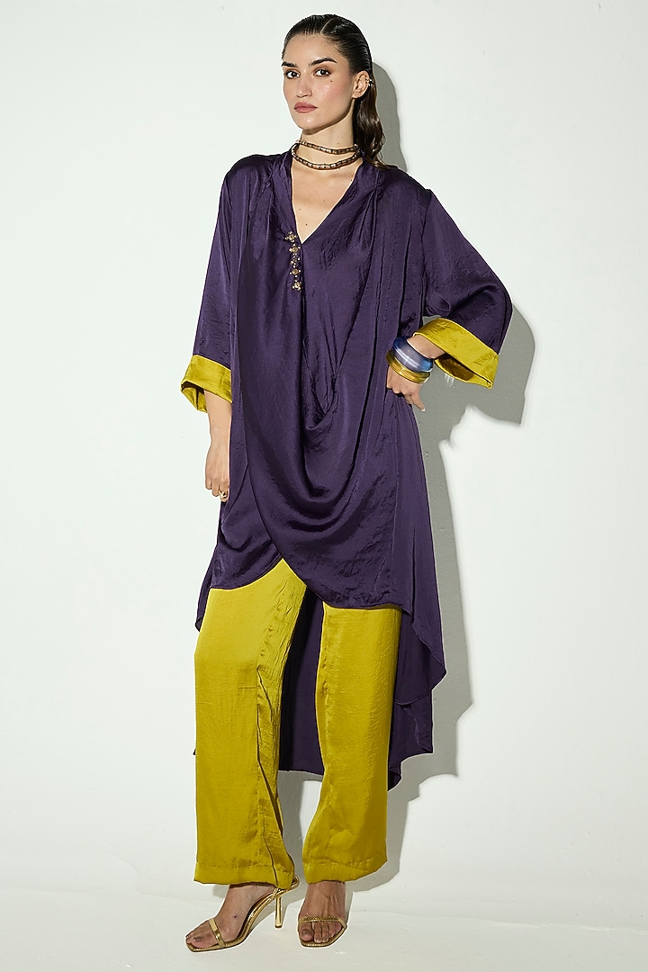 Purple Satin Embellished Asymmetric Tunic Set by Basanti - Kapde aur Koffee at Pernia's Pop Up Shop