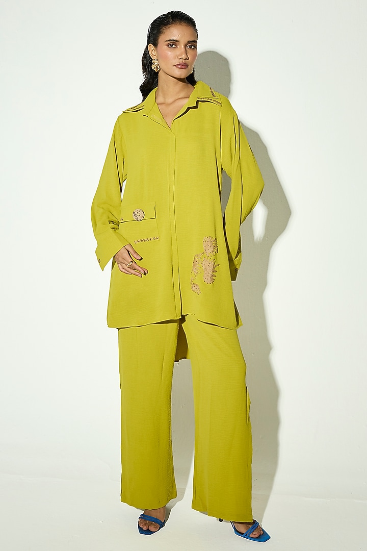 Lime Modal Satin Thread Work Co-Ord Set by Basanti - Kapde aur Koffee at Pernia's Pop Up Shop