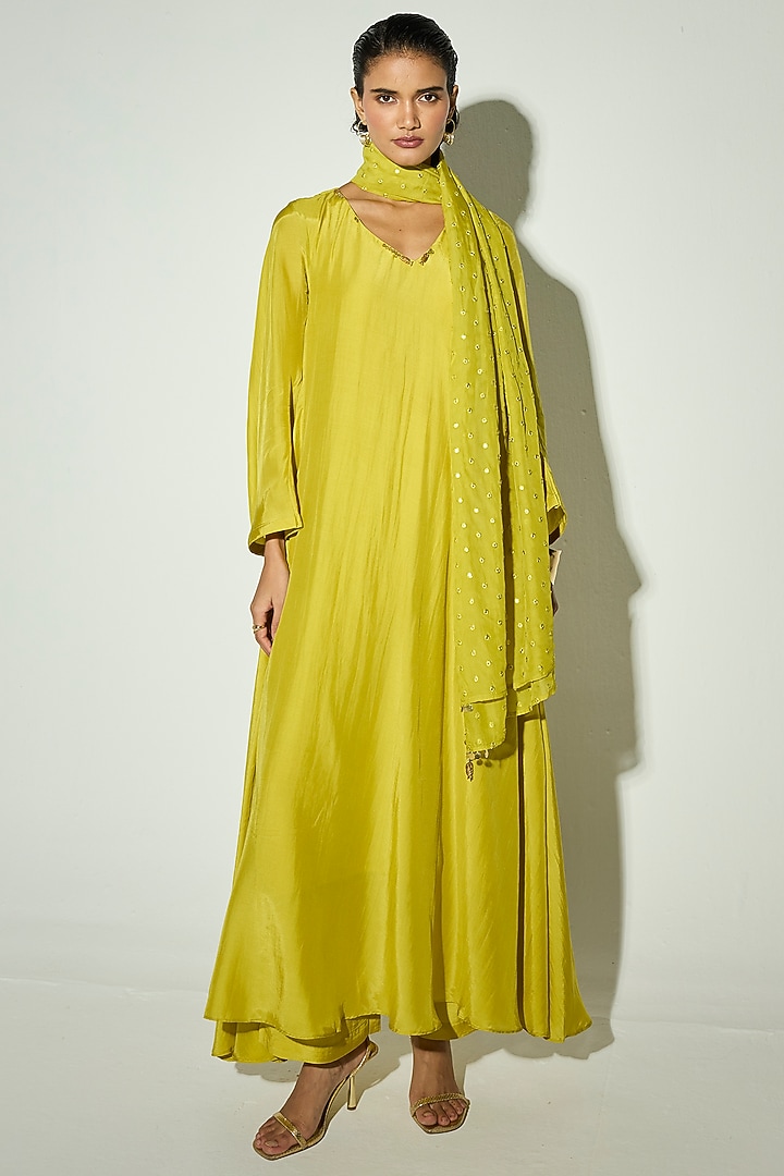 Green Bamberg Silk Coin Embellished Party Wear Anarkali Set by Basanti - Kapde aur Koffee at Pernia's Pop Up Shop