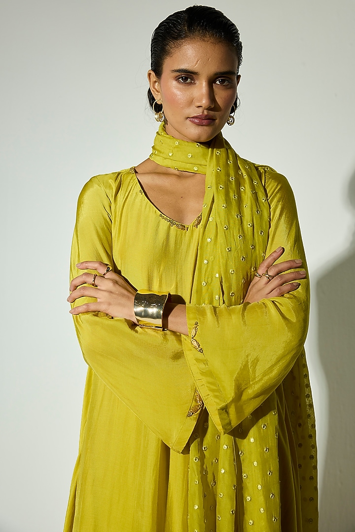 Green Bamberg Silk Coin Embellished Party Wear Anarkali Set by Basanti - Kapde aur Koffee at Pernia's Pop Up Shop