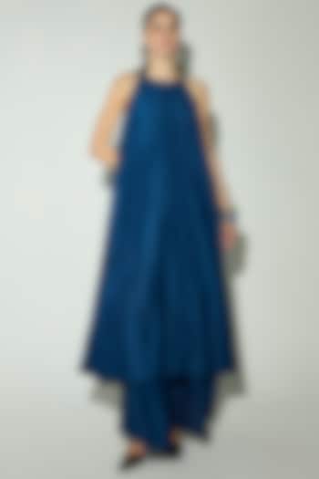 Royal Blue Viscose Linen Overlay Kurta Set by Basanti - Kapde aur Koffee at Pernia's Pop Up Shop