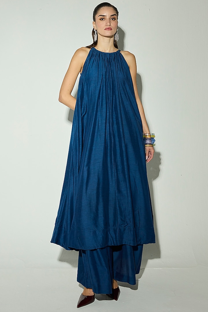 Royal Blue Viscose Linen Overlay Kurta Set by Basanti - Kapde aur Koffee at Pernia's Pop Up Shop