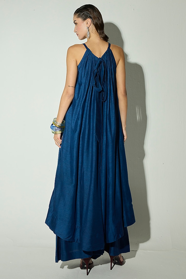 Royal Blue Viscose Linen Overlay Kurta Set by Basanti - Kapde aur Koffee at Pernia's Pop Up Shop