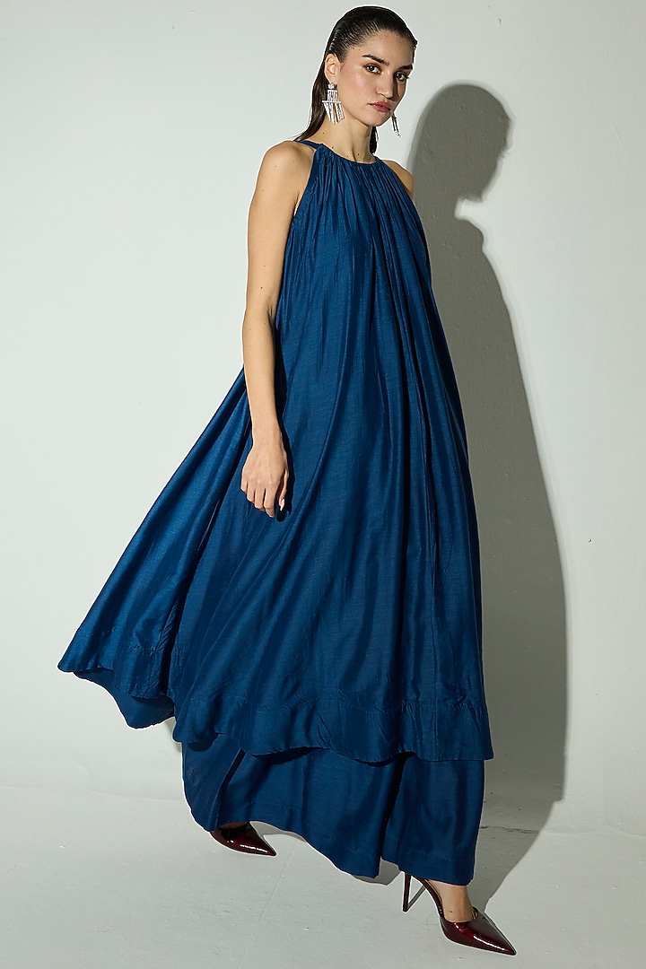 Royal Blue Viscose Linen Overlay Kurta Set by Basanti - Kapde aur Koffee at Pernia's Pop Up Shop