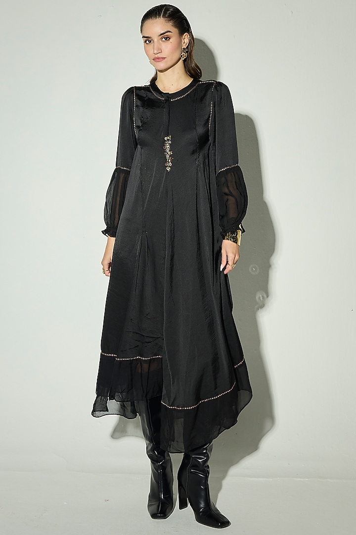 Black Satin Sequins Embroidered Maxi Summer Dress by Basanti - Kapde aur Koffee at Pernia's Pop Up Shop