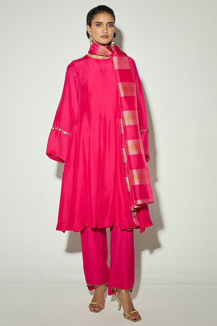 Rani Pink Bamberg Silk Coin Embellished Party Wear Anarkali Set by Basanti - Kapde aur Koffee at Pernia's Pop Up Shop