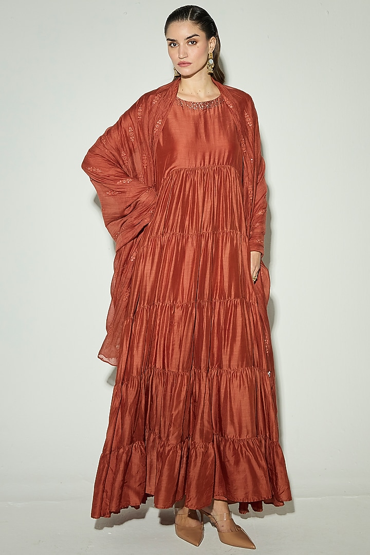 Rust Bamberg Silk Mirror Embroidered Party Wear Anarkali Set by Basanti - Kapde aur Koffee at Pernia's Pop Up Shop