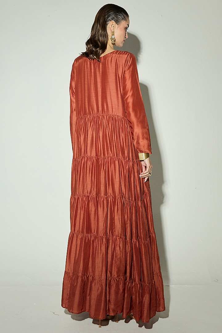 Rust Bamberg Silk Mirror Embroidered Party Wear Anarkali Set by Basanti - Kapde aur Koffee at Pernia's Pop Up Shop