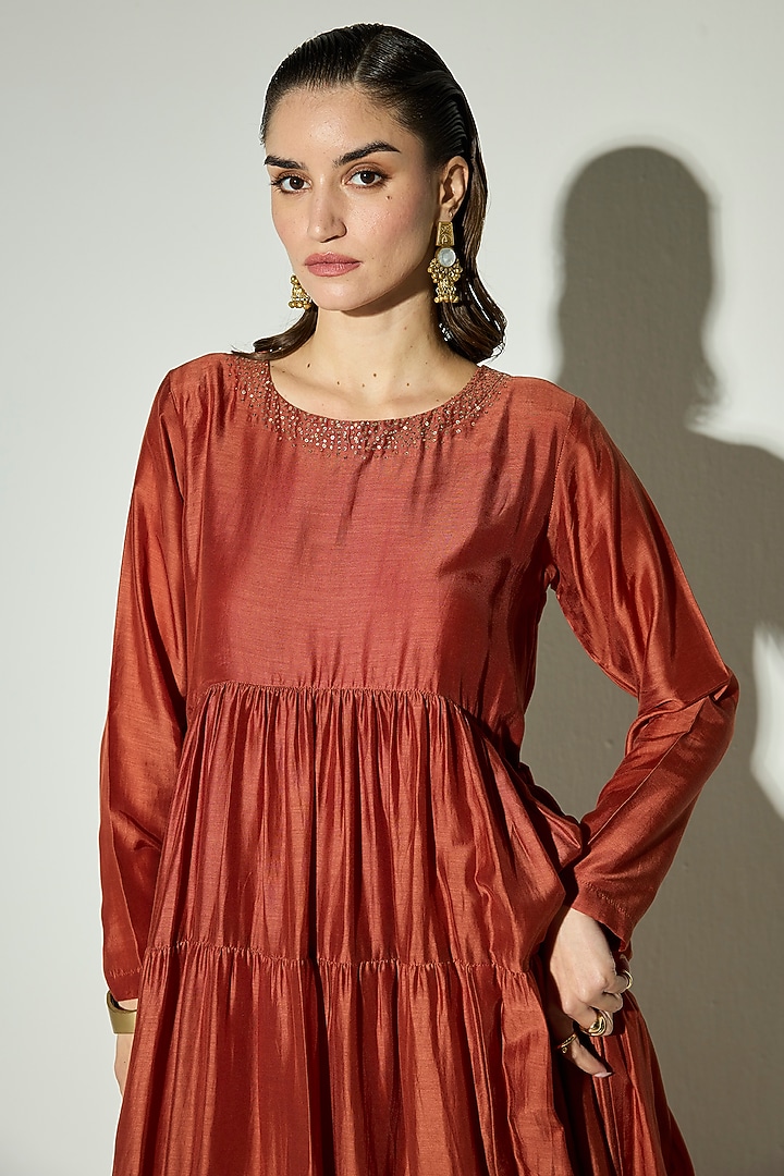 Rust Bamberg Silk Mirror Embroidered Party Wear Anarkali Set by Basanti - Kapde aur Koffee at Pernia's Pop Up Shop
