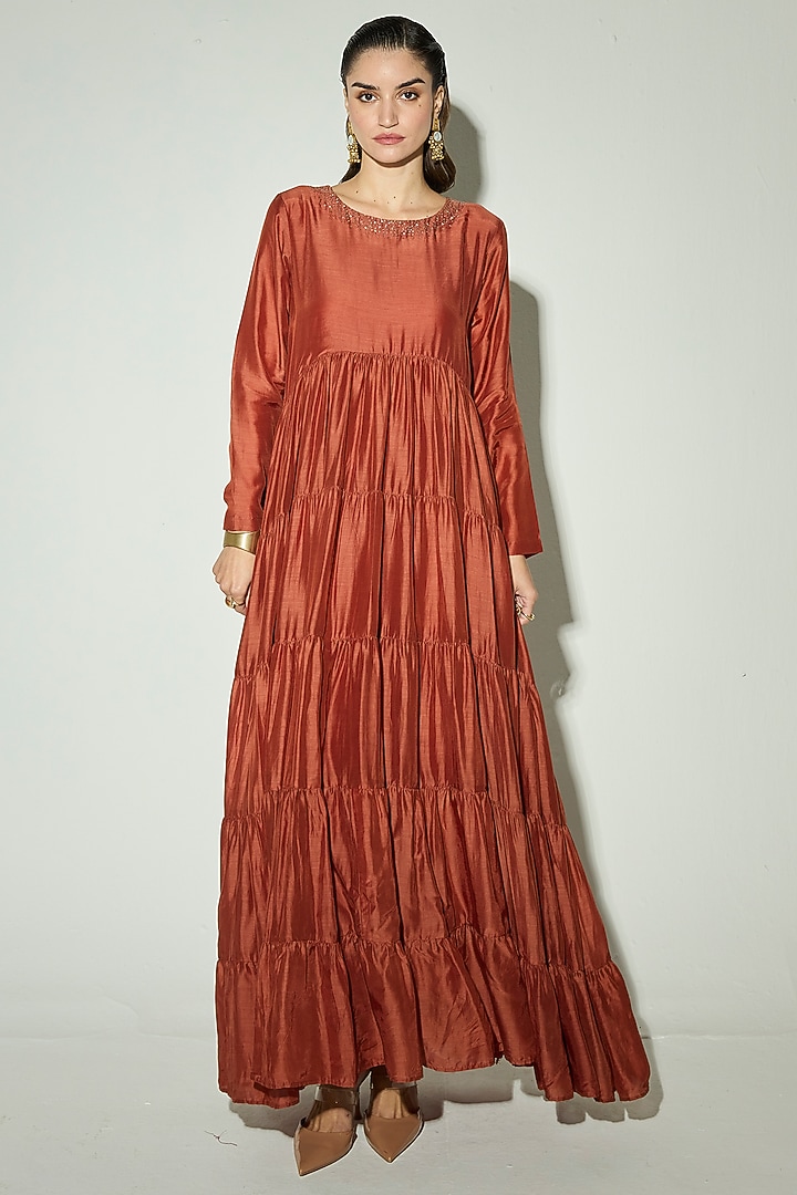 Rust Bamberg Silk Mirror Embroidered Party Wear Anarkali Set by Basanti - Kapde aur Koffee at Pernia's Pop Up Shop